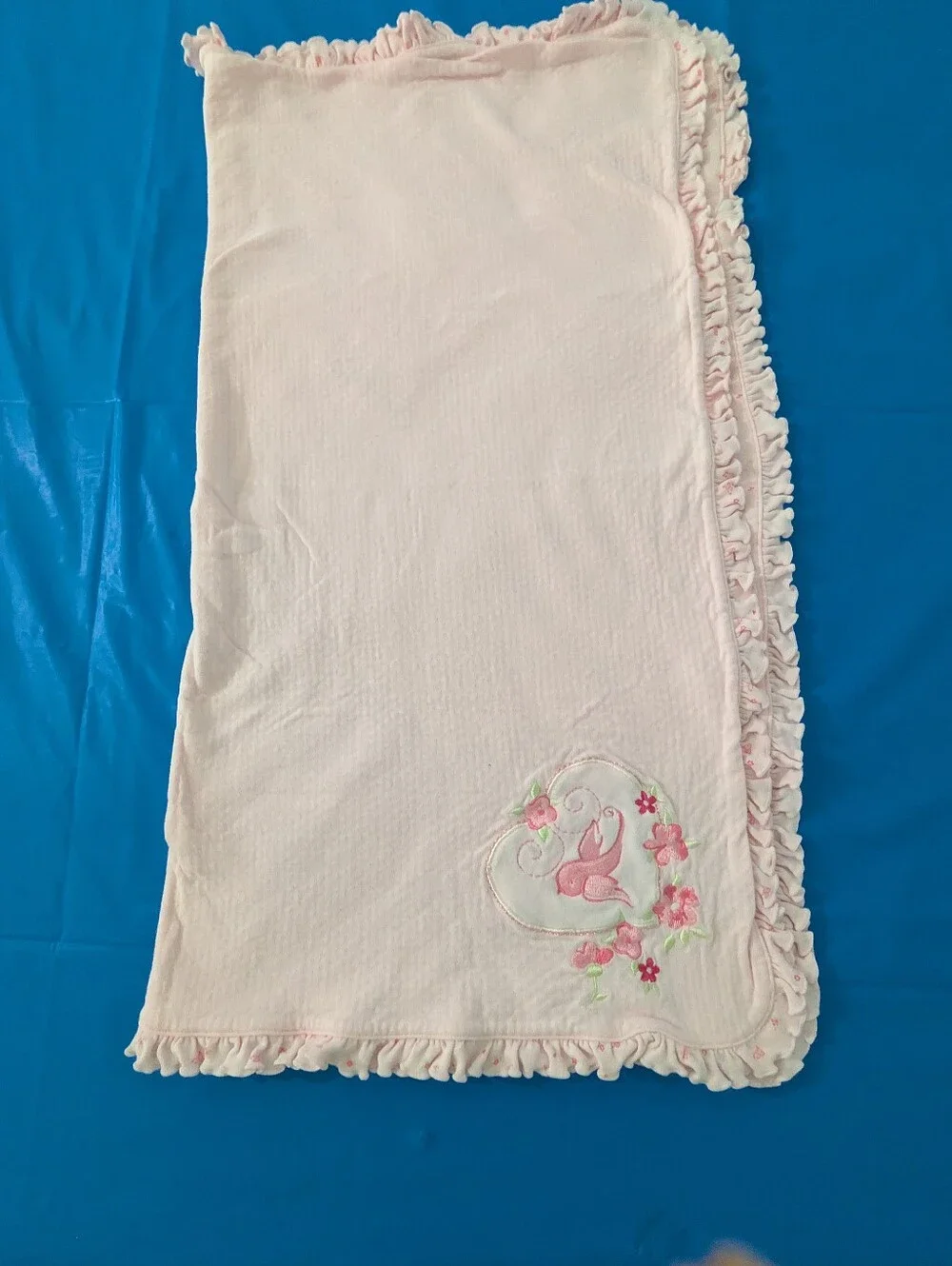 Little Wonders Pink Ruffle Baby Blanket with Tiny Bird & Floral Motif.